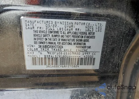 2022 Nissan Sentra Sv z USA, uszkodzony, nr VIN 3N1AB8CV6NY270824